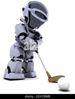 3D render of robot avec jouer au golf club Banque D'Images