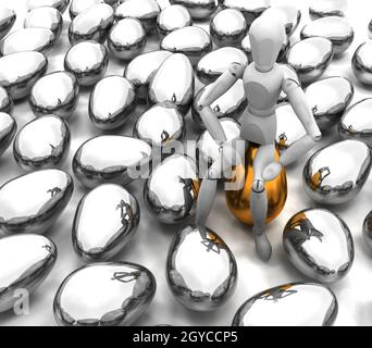 3D render of quelqu'un assis sur le dessus d'un oeuf d'or Banque D'Images