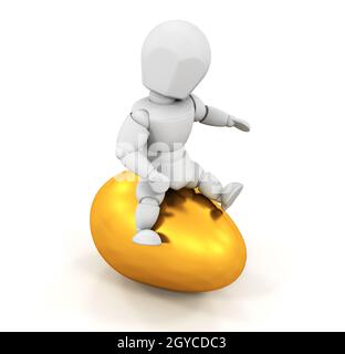3D render of quelqu'un assis sur le dessus d'un oeuf de Pâques en or Banque D'Images