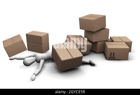 3D render of a man sous une pile de cartons tombés Banque D'Images