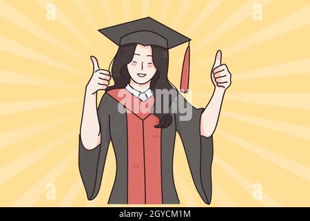 Éducation réussie, diplôme du concept universitaire.Jeune fille souriante dans le bonet traditionnel et le manteau debout montrant les pouces vers le haut signe frais Banque D'Images
