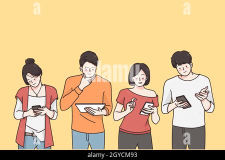 Technologies et concept surprise. Les adolescents surpris les enfants personnages de dessin animé regardant dans leurs téléphones mobiles se sentent surpris et positif Banque D'Images