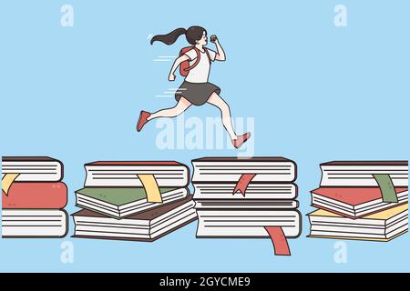 Retour à l'école, éducation, concept d'apprentissage.Bonne mignonne fille courir sur des livres pressé à l'école doit bleu illustration de vecteur de fond Banque D'Images