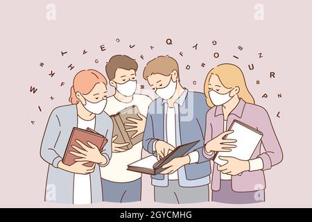 Rencontre pendant le concept d'épidémie de coronavirus.Des jeunes heureux se rencontrent à l'extérieur en portant des masques médicaux de protection pendant le vecteur pandémique Covid-19 illu Banque D'Images