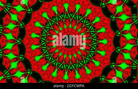 Kaléidoscope psychédélique vert. Tissu tourbillon teint. Pinceau Ikat coloré Art. Années 1960 Kaléidoscope psychédélique. Aquarelle arrière-plan froid. Décoration rose Banque D'Images