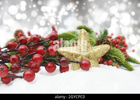 Fond de Noël aux fruits rouges niché dans la neige Banque D'Images