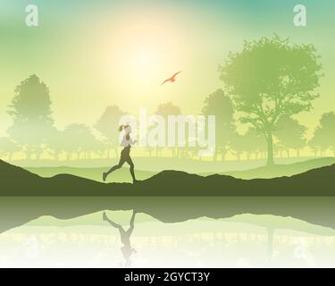 Silhouette d'une femme le jogging dans la campagne Banque D'Images