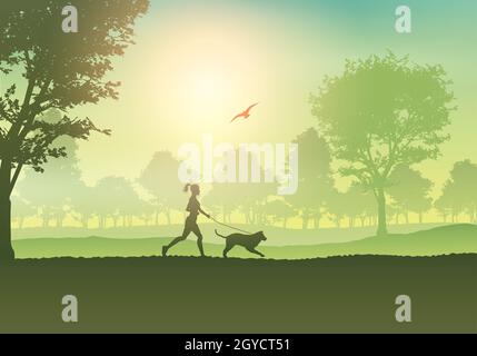 Silhouette d'une femme qui fait du jogging avec son chien à la campagne Banque D'Images