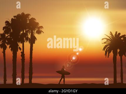 Silhouette d'un surfer dans un paysage tropical Banque D'Images