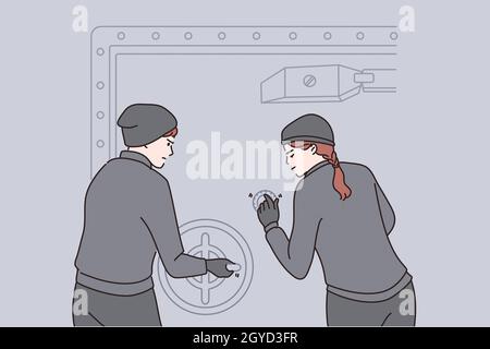 Vol qualifié et crime.Deux jeunes voleurs homme et femme en uniforme personnages de bande dessinée debout essayant de casser la serrure de coffre-fort et ouvrir le vecteur de porte illu Banque D'Images