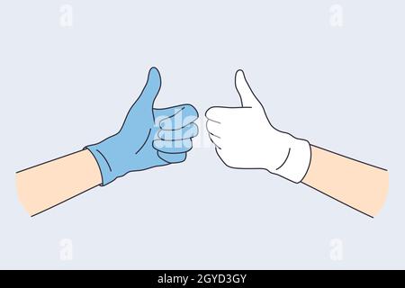 Émotions positives dans le concept de gestes. Mains humaines dans des gants en latex bleu et blanc montrant le pouce vers le haut signe illustration du vecteur Banque D'Images