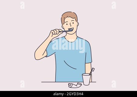 Concept d'hygiène dentaire et de santé.Jeune homme positif personnage de dessin animé debout et nettoyant dents weth brosse à dents et pâte dans la salle de bains vecteur illus Banque D'Images