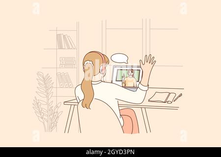 Éducation en ligne, apprentissage à distance pendant la pandémie concept.Homeschool fille étudiante assis en arrière saluant enseignant pendant Internet virtuel en ligne Banque D'Images