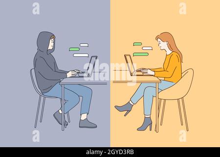 La fraude de rencontres en ligne, astuce dans le concept de communication Internet.Jeune femme souriante assise sur un ordinateur portable ayant la date en ligne et bavardant avec faux b Banque D'Images