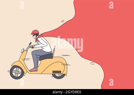 Concept de livraison de livraison et de livraison de pizza.Jeune homme positif souriant livreur sur le scooter transportant la nourriture pour les clients illustration vectorielle Banque D'Images