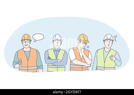 Concept des travailleurs de l'ingénierie et de la construction. Hommes ingénieurs professionnels, constructeurs et gestionnaires caricatures personnages en casques de protection et uniforme c Banque D'Images