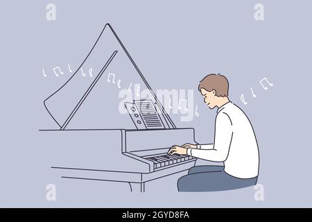 Musicien professionnel et concept d'éducation musicale.Jeune homme souriant pianiste personnage de dessin animé assis jouant de la mélodie de piano avec des notes vecteur illust Banque D'Images