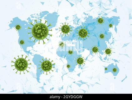 Antécédents médicaux avec cellules virales sur une carte du monde - pandémie Covid 19 Banque D'Images