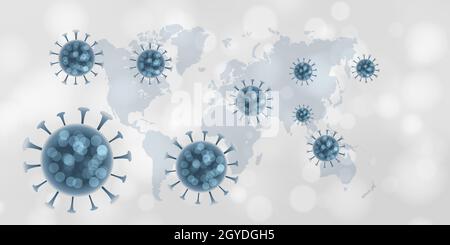 Bannière médicale avec cellules virales abstraites sur une carte du monde - pandémie Covid 19 Banque D'Images