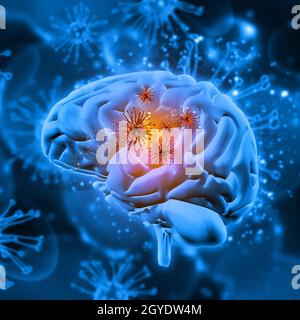 3D render of a medical background avec cellules virus attaquant le cerveau Banque D'Images