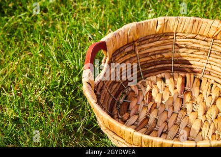 Panier tissé vide placé dans le champ d'herbe Banque D'Images