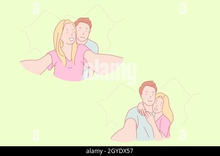 Amour couple selfie, photo de famille, concept de divertissement.Souriant, souriant, adulte, gros, amusant, photo Banque D'Images