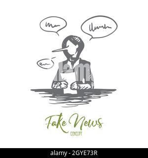 Concept de fausses nouvelles. Personne dessinée à la main avec un long nez de liar signalant un faux média isolé illustration vectorielle. Illustration vectorielle isolée. Banque D'Images