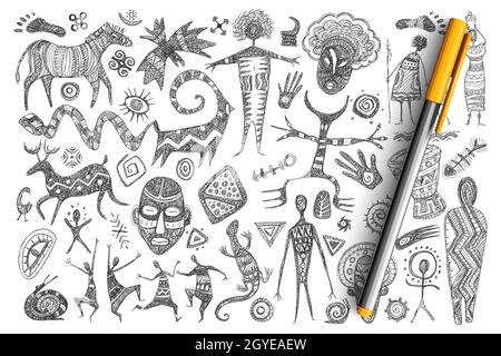 Ensemble de doodle de symboles africains anciens.Collection de masques dessinés à la main, hommes dansants, animaux, reptiles, symboles saints,dieux et signes isolés sur transpare Banque D'Images