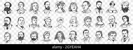 Portraits de personnes d'âge moyen ensemble de doodle.Collection de femmes et d'hommes dessinés à la main avec différentes coiffures barbe et moustache portant des chapeaux et des casquettes Banque D'Images