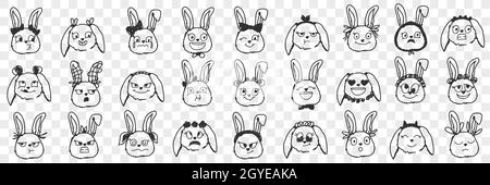 Jeu de doodle expressions visages lapin.Collection d'animaux tirés à la main diverses expressions positives et négatives des animaux de lapin font face à des muzzles isolés sur tr Banque D'Images