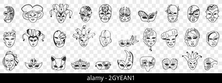 Ensemble d'assortiment de masques Carnival.Collection de dessin à la main divers styles de masques décoratifs pour le visage comme festival costumes de carnaval isolés sur trans Banque D'Images