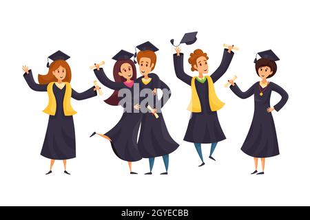 Succès, remise des diplômes, concept d'éducation.Groupe de garçons heureux filles étudiants personnages de dessin animé dans la robe académique robe ou chapeau de robe et de titulaire de diplôme. Banque D'Images