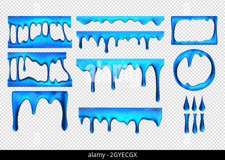 Collection de jeux de gouttes de chaux sodée bleu réaliste.Collection de blots dessinés de style réaliste.Illustration des liquides d'encre dribbles colorés liquides colle l'eau s Banque D'Images