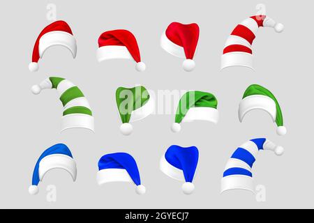 Collection réaliste de chapeaux de noël.Illustration de style réaliste dessiné bleu rouge vert Santa Claus casquettes avec sur différents angles.Vacances Banque D'Images