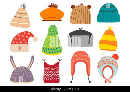 Ensemble de jeu de caniche pour chapeaux d'hiver.Collection de vêtements de tête en coton de laine colorés tricoter l'automne pour les jeunes.Accessoires pour vêtements d'automne tricotés pour enfants Banque D'Images