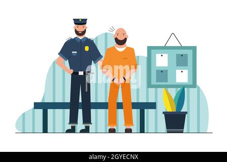 Sécurité, travail, danger, prison concept.jeune homme sérieux policier prison officier personnage de jailer debout tenant un homme prisonnier dans les menottes dans le corrid Banque D'Images