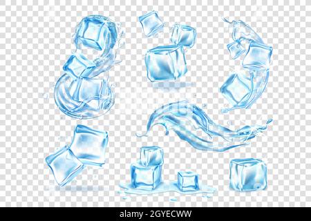 Cubes de glace réalistes, collection de jeux d'éclaboussures d'eau.Illustration des glaçons dessinés de style réaliste avec des éclaboussures d'eau.Collection de surgelés et li Banque D'Images