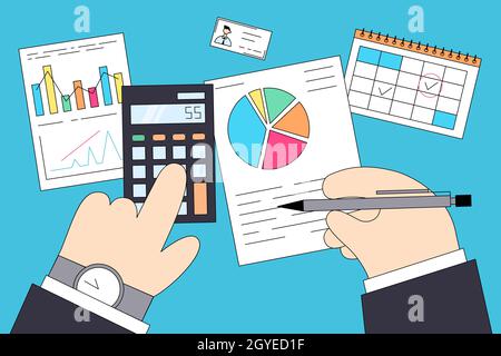 Concept de système de financement, de marketing et de comptage des impôts.Mains des hommes d'affaires comptables assis et calculant les dépenses de revenus analyse de l'investissement d Banque D'Images