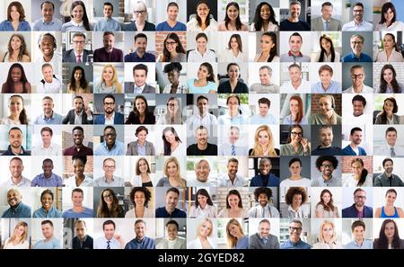 Conférence vidéo en tête de groupe professionnelle. Collage de visages d'avatar Banque D'Images