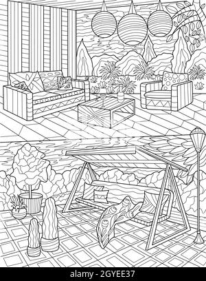 Jardin salon Doodle suspension lampes tables chaises dessin de ligne. Banque D'Images