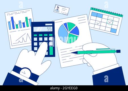 Concept de système de financement, de marketing et de comptage des impôts.Mains des hommes d'affaires comptables assis et calculant les dépenses de revenus analyse de l'investissement d Banque D'Images