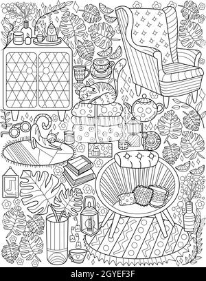 Meubles de maison ensemble de Doodle Table lampe Table bougies tasses ligne de dessin. Banque D'Images