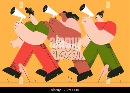 Promotion, annonce, concept de remise.Groupe de personnes marchant et criant aux mégaphones ensemble pour attirer l'attention sur le vecteur public illus Banque D'Images