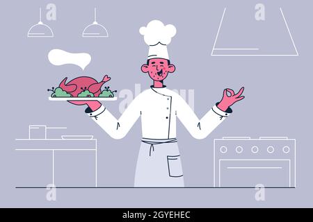 Travailler comme cuisinier dans le concept de restaurant.Jeune chef souriant en personnage de dessin animé uniforme blanc debout et tenant la dinde rôtie ou le poulet dans les mains f Banque D'Images