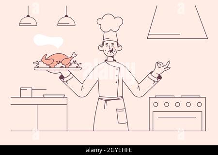 Travailler comme cuisinier dans le concept de restaurant.Jeune chef souriant en personnage de dessin animé uniforme blanc debout et tenant la dinde rôtie ou le poulet dans les mains f Banque D'Images