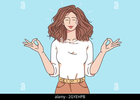 Concept de méditation et de relaxation.Jeune jolie femme brune personnage de dessin animé debout avec les doigts croisés essayant de se concentrer et méditer vect Banque D'Images