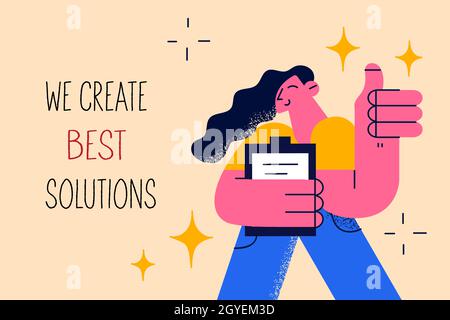 Nous créons le concept des meilleures solutions.Jeune femme positive travailleur d'affaires debout montrant les pouces vers le haut signe se sentant heureux avec le développement de projet avec LET Banque D'Images