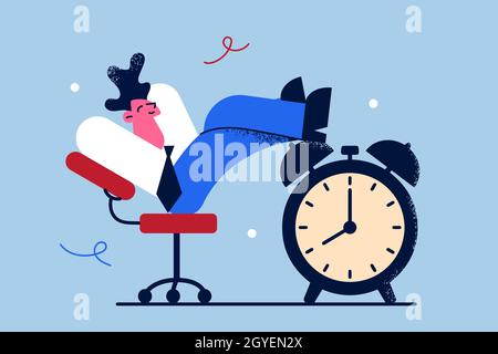 Concept de gestion du temps libre de stress.Joyeux jeune homme d'affaires personnage de dessin animé assis reposant au bureau avec un énorme réveil à proximité vecteur illustraa Banque D'Images