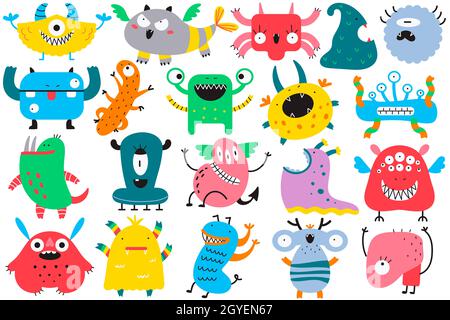 Ensemble de monstres.Collection de personnages de dessins animés colorés créatures effrayantes alliens laid cyclops bêtes mascottes gromlins en colère.Illustrateur de vecteur Banque D'Images