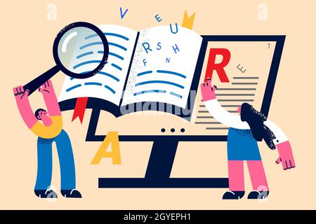 Concept d'éducation et d'apprentissage en ligne.Deux étudiants debout lecture de livres avec loupe dans Internet en ligne sur l'écran d'ordinateur portable vecteur illustr Banque D'Images